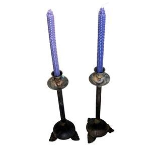 Aged Distressed Patina Pair of Metal Candlestick Holders (Candles Not Included)